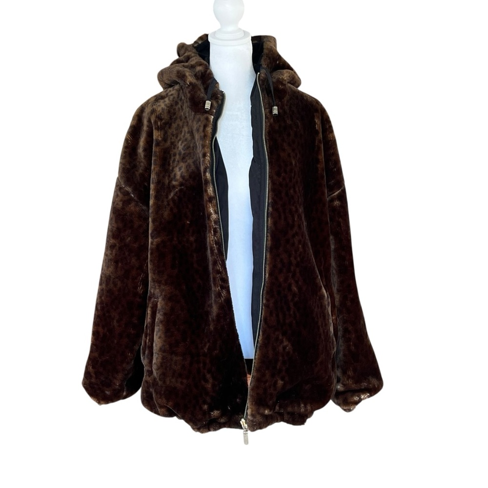 Vintage IZZI Reversible Faux Fur Hooded Jacket Leopard Plush Coat L